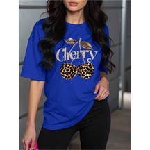 Uyguntarz Unisex Leopar Desenlı Vişne Baskılı Tasarım Tshirt Mavi