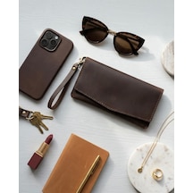 Natayleather %100 Hakiki Deri El Dikimi Acı Kahve Kadın El Portföyü Bileklikli Cüzdan Ve Çanta 20x10 Cm Acı Kahverengi