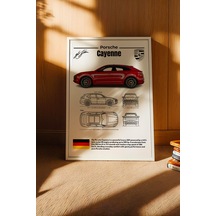 Porsche Cayenne Tablo - Teknik Özellikli Lüks Suv Poster - Çerçeveli Duvar Dekoru - Araba Blueprint Beyaz