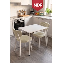 Belek Serisi Mdf Sabit 60x90 Beyaz Mutfak Masası Takımı 2 Adet Sandalye Beyaz Masa Krem Sandalye