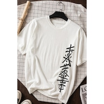Spoyi Beyaz Kanji Tasarımlı %100 Pamuk Yarım Oversize Beyaz T-shirt