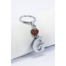 Kırmızı Parlak Kalpli Gümüş Renkli Metal G Harfi Anahtarlık /mini