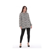 Çiçek Desenli Önden Bağcıklı Bluz-440-siyah - Beyaz