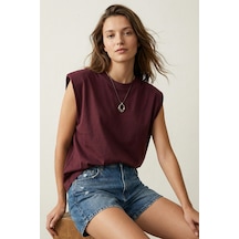 Elemge %100 Pamuk Süprem Tok Kumaş Kadın Oversize Bordo T-shirt Geniş Omuzlu Dökümlü Kolsuz Bol Kalıp