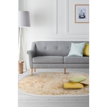 Alanur Home Kaymaz Dijital Mutfak & Salon Halı Star Pamuk Saçaklı Oval Mermer E5033 krem