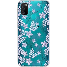 Samsung Galaxy Uyumlu M21 Kapak Floral Lila Tasarımlı Şeffaf Silikon Kılıf