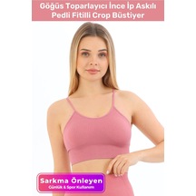 Carlburn Özel Üretim Göğüs Toparlayıcı Sarkma Önleyen Spor Günlük İnce İp Askılı Pedli Fitilli Crop Büstiyer Pembe