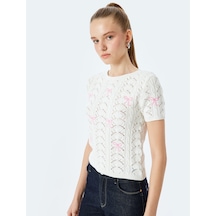 Koton Fiyonklu Kısa Kollu Ajurlu Slim Fit Bisiklet Yaka Triko Kazak Ekru Desenli 5sal90002ıt Ekru Desenli Ekru