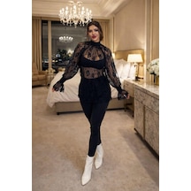 Pink Life Siyah Dantelli Pantolon Ve Bluz İkili Takım Siyah