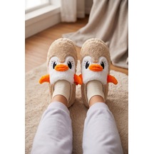 Stwenn Kadın Peluş Ev Terliği Penguen Desenli Kışlık Sıcak Tutan Kapalı Burun Yumuşak Tabanlı Rahat Pandufu Vizon