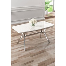 Canisa Asel Serisi 90x160 Lak Panel Beyaz Mermer Desen Krom Kaplama Ayaklı Masa Beyaz Mermer Desen Masa Ayaklar Krom