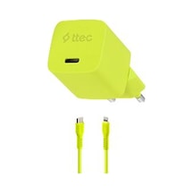 Ttec Smartcharger Gan 20W PD Seyahat Hızlı Şarj Aleti + USB-C - Lightning 120 CM Kablo Neon Sarı