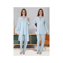 Effortt Dvina Lohusa Hamile Sabahlık Ve Uzun Kollu Pijama Takımı - 3'lü Set - Mavi Mavi