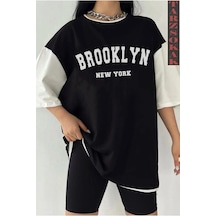 Startmore Siyah Oversize Çift Renk Brooklyn Nyc Baskılı Unisex Tshirt Beyaz