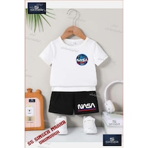 Ss Sinser Çocuk Unısex Astronot Nasa Logo Icınde Özel Baskılı Bisiklet Yaka Tişört - Şort Alt - Üst Çocuk Takım Renk:beyaz/sıyah