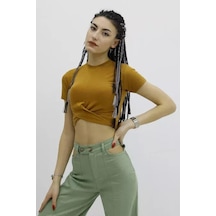 Dalınç Marka Önü Büzgülü Bisiklet Yaka Tshirt Taba - P-019963 Çok Renkli