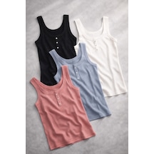 Demirsa Boutique Kadın Kaşkorse Atlet 4 Lü Set Geniş Askılı Pamuklu Esnek Fitilli Atlet Dekoratif Düğmeli Siyah, Beyaz, Gül Kurusu, Mavi Beyaz