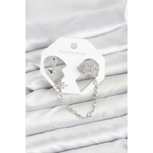 Kutup Yıldızı Model Pirinç Gümüş Renk Zincir Bağlantılı Ear Cuff Küpe Seti Açık Fuşya