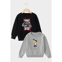 Fyk Kids 2'li Erkek Çocuk Baskılı Yuvarlak Yaka Sweatshirt Gri - Siyah