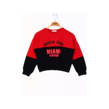 Toontoy Kız Çocuk Relax Fit Bisiklet Yaka Düşük Omuz Baskılı Renk Bloklu Sweatshirt - 2 İplik Kırmızı