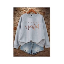 Herkesemoda Perfect Baskılı Gri 2 İplik Şardonlu Bisiklet Yaka Sweatshirt Gri