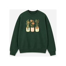 Herkesemoda Kavanoz Çiçek Baskı Detaylı Şardonlu 2 İplik Bisiklet Yaka Sweatshirt Yeşil