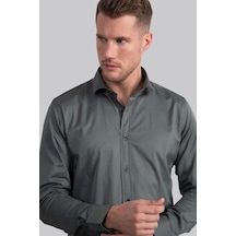 Tudors Slim Fit Dar Kesim Likralı Düz Saten Erkek Gömlek-19935 Yeşil