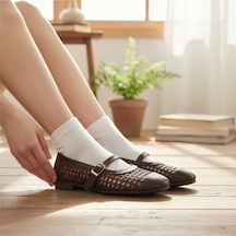 Ne&ve Shoes Kahve Deri Biye Örgü Detaylı Tokalı Kadın Babet Kahverengi