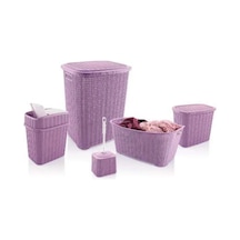5 Parça Örgü Desenli Plastik Banyo Seti Çamaşır Sepeti Deterjanlık Kovası Klozet Fırçası - Mor Çok Renkli