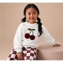 Mila Mood Kız Çocuk Kiraz Nakışlı Sweatshirt Bordo Ekose Bol Paça Pantolon 2'li Takım Krem