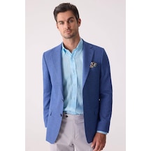 Erkek Mavi Regular Fit Keten Karışımlı Mono Yaka Ceket