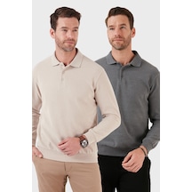 Buratti Pamuk Karışımlı Regular Fit 2'Li Paket Erkek Polo Yaka Kazak 456223S2 Bej-Koyu Gri