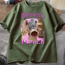 Flood Of Style Professional Yapper Cat Graphic T Shirts Women Men Cotton Short Sleeve T-shirts Casual O Neck Yeşil