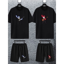 Unisex Kadın Erkek Mordecai Margaret Baskılı Sevgili Çift Kombini Tasarım Oversize Tshirt Şort 4lü Siyah Siyah Mck2346 Siyah Siyah