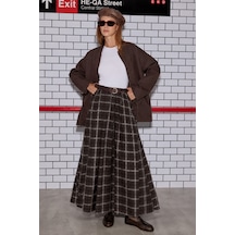 Madmext Kahverengi Ekose Desenli Kemerli Pileli Kadın Etek Mg2925