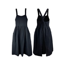 Kadınlar İçin Cepli Pamuklu Keten Önlük Çapraz Sırtlı İş Önlüğü Pin Saf Siyah Diğer