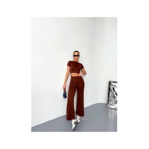 Butik İstanbul Osy Modal Yumuşak Dokulu Kumaş Kısa Kollu Crop Alt Ispanyol Paça Pantalon Ikili Takım - Kahverengi