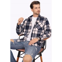Etikmen Lacivert Beyaz Geçiş Oversize Oduncu Hediye Kutulu Erkek Gömlek Lacivert