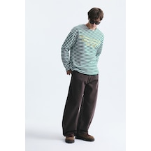 Vamos Oversize Çizgili Sweatshirt Ekru/yesıl