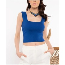 Aqe Fashion U Yaka Sıfır Kol Mavi Bluz Mavi