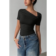 Kadın Çapraz Yaka Kısa Kollu Slim Fit Bluz Siyah