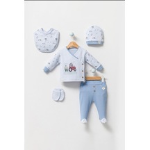 Modam Bebek Sevimli Çiftçi Desenli Erkek Bebek Hastane Çıkışı Takımı 5'li Set Yandan Düğmeli Fitilli Kumaş Bej