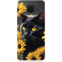 Xiaomi Redmi Note 9 Pro Uyumlu Sarı Çiçekler Ve Kara Kedi Desenli Silikon Kılıf