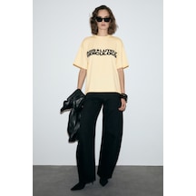 Grımelange Tambeza Kadın %100 Pamuk Yumuşak Kumaşlı Baskı Detaylı Sarı T-shirt Sarı