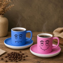 Bk Gift 2'li Mavi Ve Pembe Renkli Emoji Yüz Tasarımlı Seramik Türk Kahvesi Fincanı Takımı-3 Çok Renkli