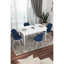 Canisa Concept Kor Serisi 70x114 Açılabilir Mutfak Masası Takımı Beyaz Mermer Desen Masa 4 Lacivert Sandalye Masa Beyaz Mermer Desenli Sandalyeler Lajivert