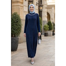 Hb Harma Time Butik Kadın Taş İşlemeli Kristal Kumaş Uzun Tesettür Lacivert Elbise Lacivert Lacivert