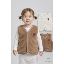 Babyden's 2 Li Welsoft Yelek Seti Kız Bebek Çocuk Ayıcık Armalı Peluş Yumuşak Kışlık Yelek Kahverengi - Beyaz