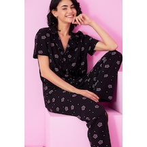 Siyah İnci Gömlek Yaka Düğmeli Örme Pijama Takım Siyah Pembe Çiçek