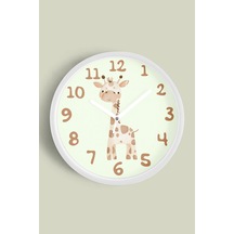 Sevimli Zürafa Temalı Çocuk Odası Modern Duvar Saati - 30cm - Önü Camlı Beyaz Kasa Beyaz